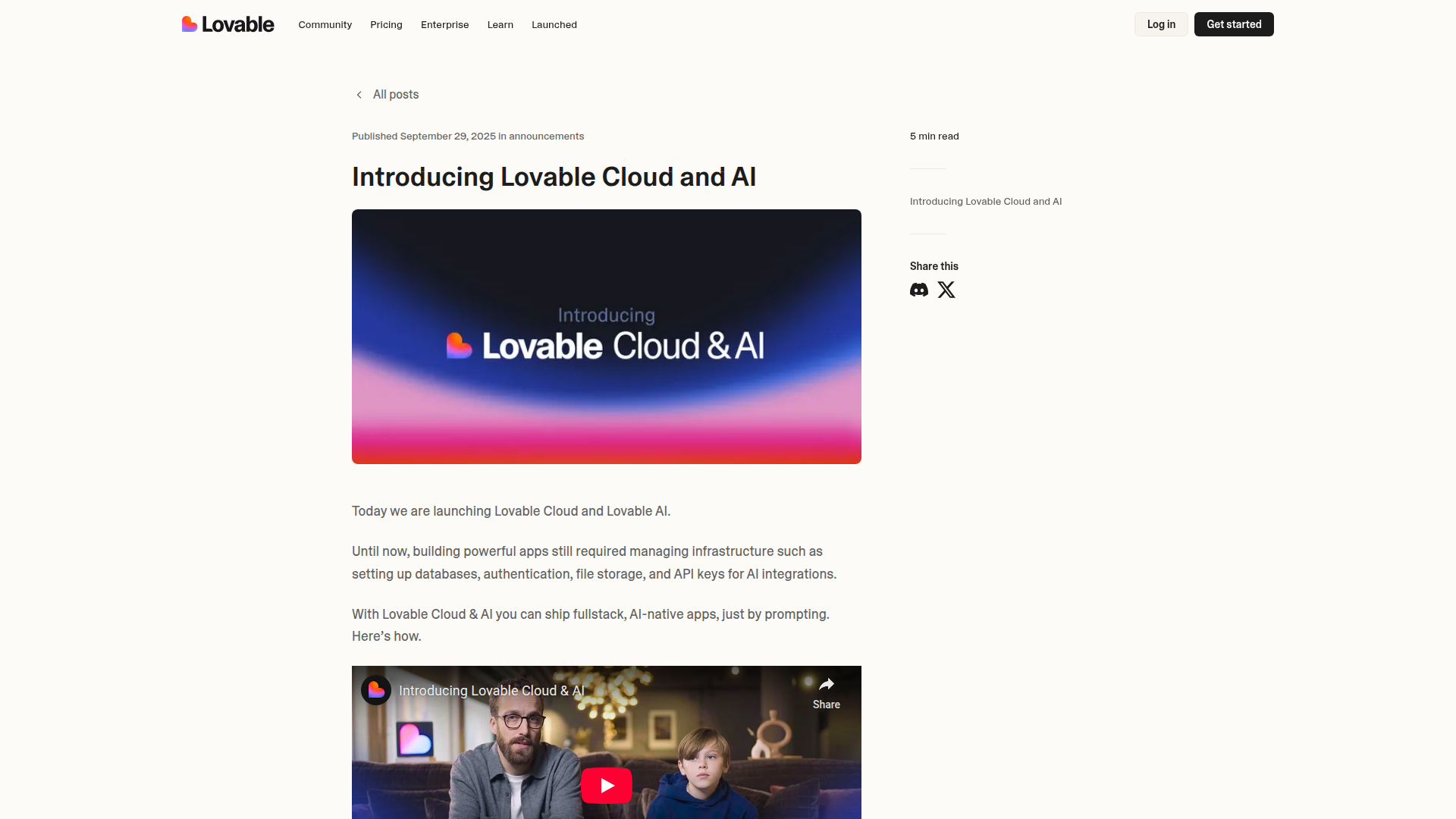 Introducing Lovable Cloud and AI - official announcement banner